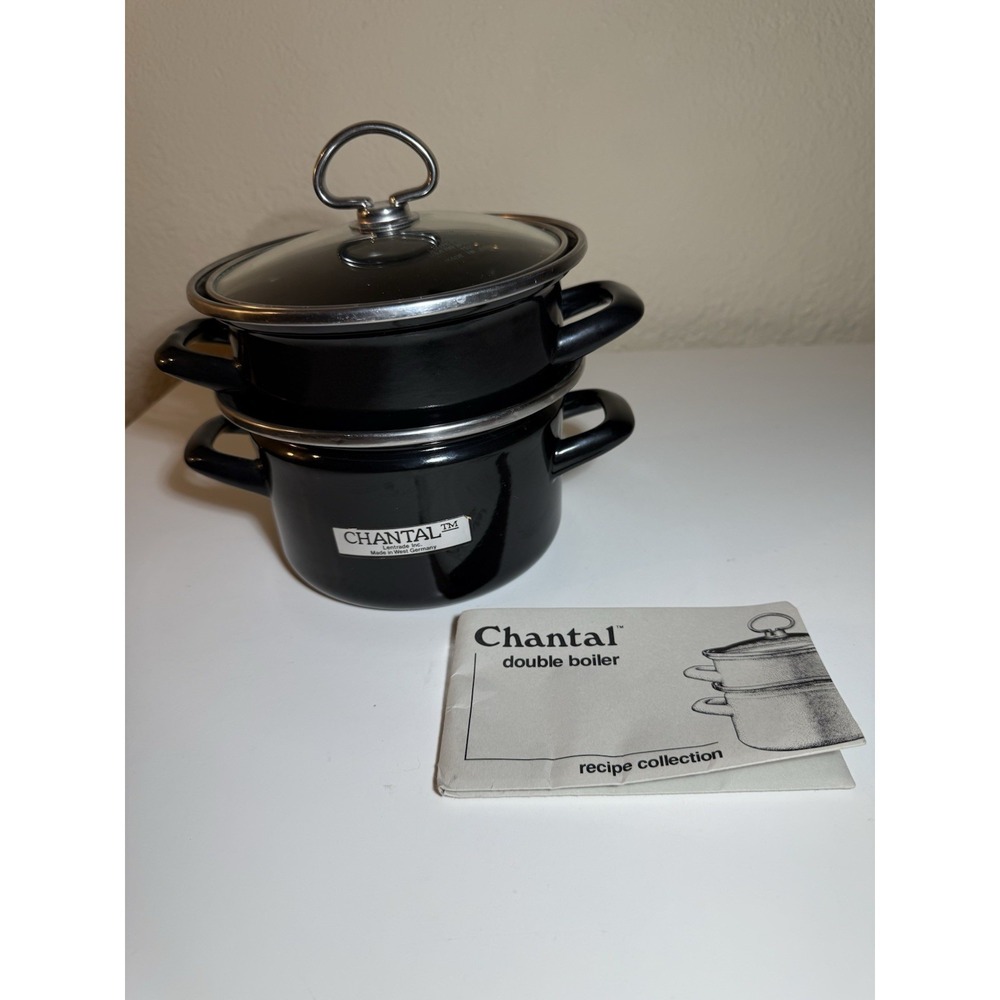 1984 New Chantal Double Boiler Glass Lid Black Enamel Cookware w/ Recipe Booklet